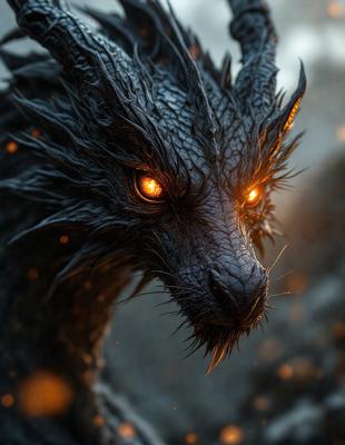 Primary subject: A dragon with glowing eyes and teeth.

Setting/background: A dark, rocky environment.

Visual style: Digital art.

Colors and mood: The dragon has a glowing, fiery appearance, creating a dramatic and intense atmosphere.